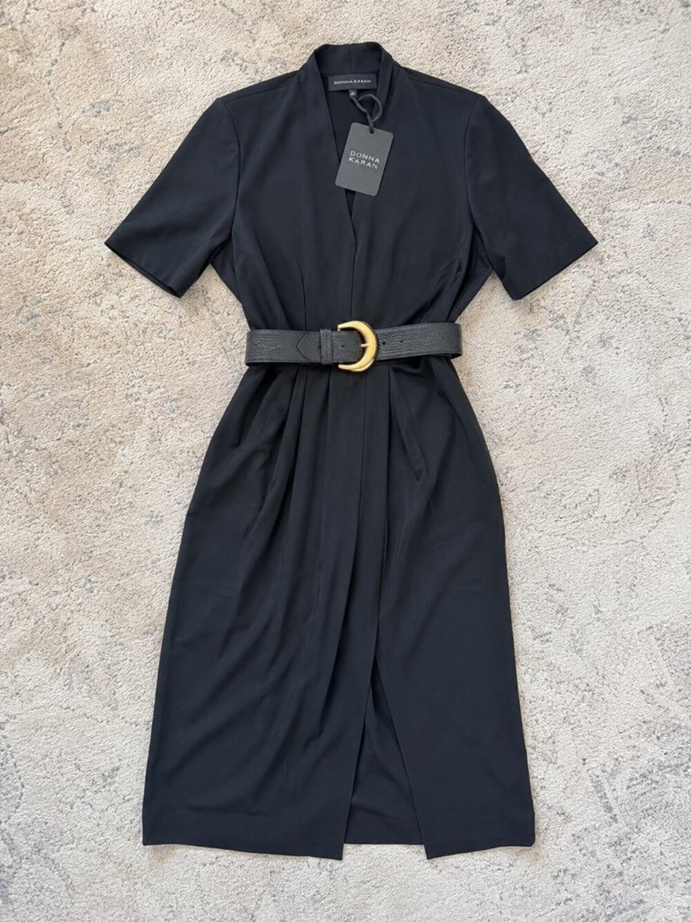 Donna Karan Black V-Neck Belted Short-Sleeve Midi Dress Size 6 NWT - Picture 4 of 6